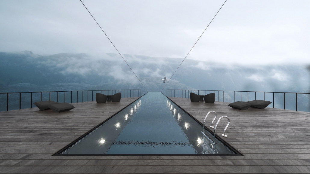 Der Blick auf Ruhezonen und Infinity-Pool des Klippen-Boutique-Hotels in Norwegen