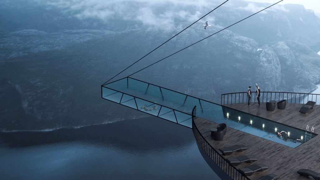 Der Infinity-Pool ragt über die Klippen des Preikestolen hinaus
